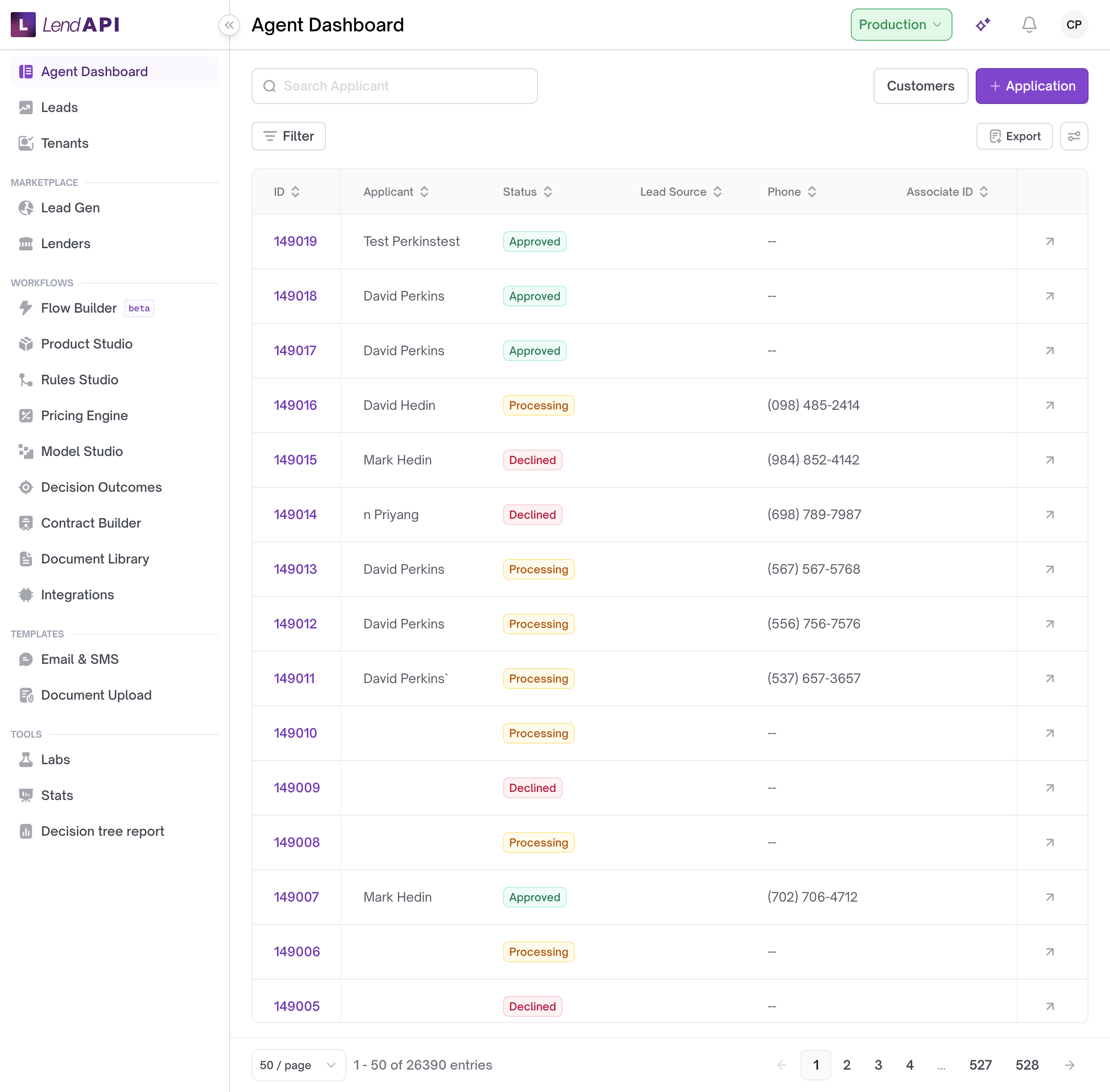 Agent Dashboard with the production sidebar